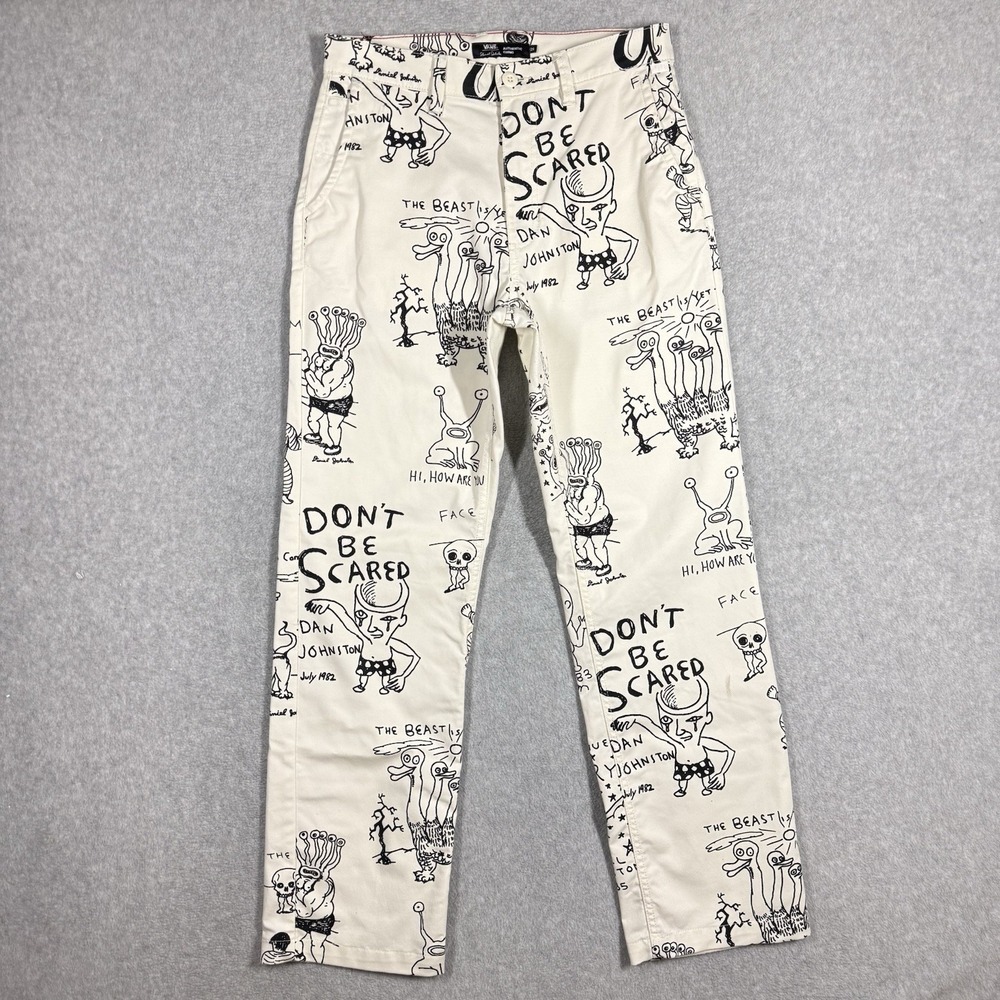 Vans Authentic Chino Loose Fit Pants Daniel Johnston Art White Black Size 28x32